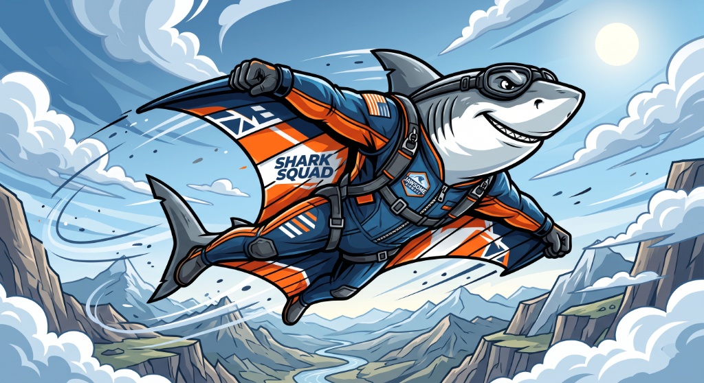 Shark Squad Maskottchen im Flug